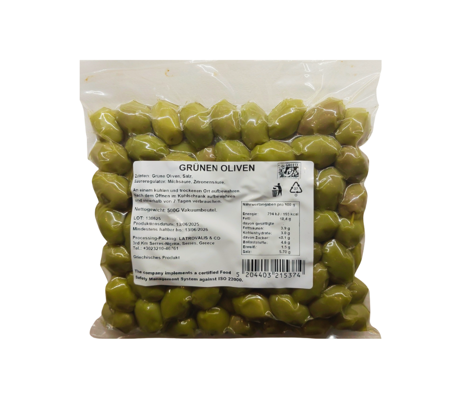 Grüne Oliven 500g vakuumiert Latrovalis